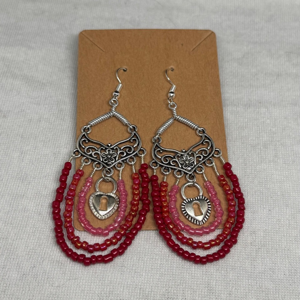 Chic Silver and Red Beaded Dangle Earrings
